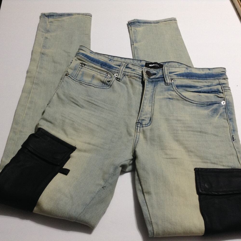 Nova Men Jeans Mens 30 Cargo Light Wash Stretch Denim Black Pockets